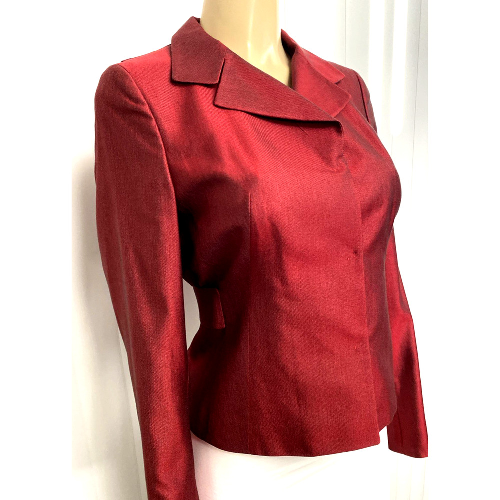 Akris Red 100% Silk Blazer Jacket Notch Lapel Collar Black Sheen V Neck 8 US M - Picture 4 of 11